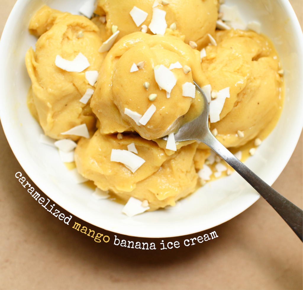 Caramelized Mango Banana Ice Cream Feasting on Fruit