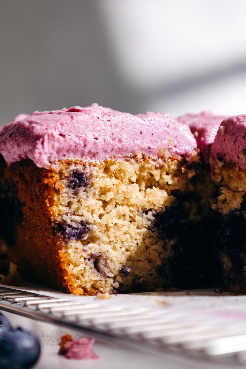 Side view of a frosted gluten-free blueberry snack cake cut into, showing the moist crumb studded with blueberries.