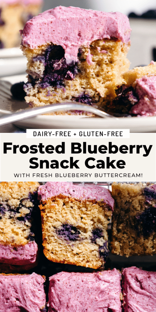 Gluten free dairy-free blueberry snack cake with fresh blueberry buttercream frosting, sliced to show the moist crumb studded with blueberries.