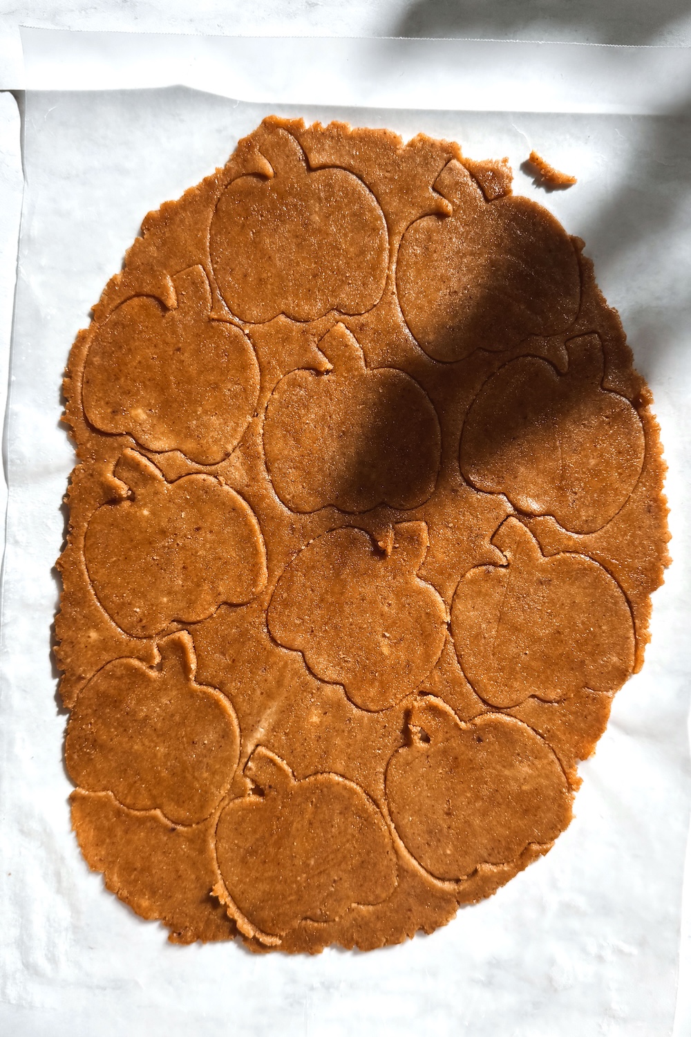 Rolled-out almond flour dough with pumpkin shapes cut into it.